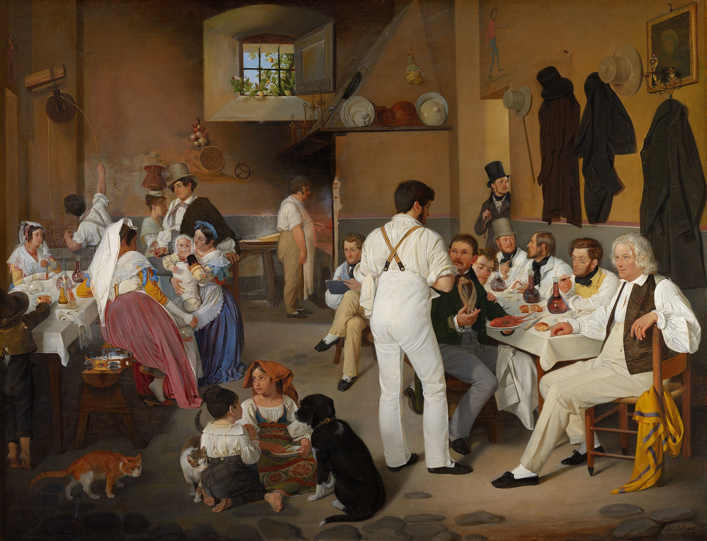 Il quadro ritrae una comitiva di artisti danesi all’Osteria della Gensola a Roma, con a capotavola Bertel Thorvaldsen [B. Ditlev, Danske kunstnere i osteriet La Genzola i Rom, 1837, custodito al Museo Thorvaldsen, da Wikipedia Galdalf’s Gallery]