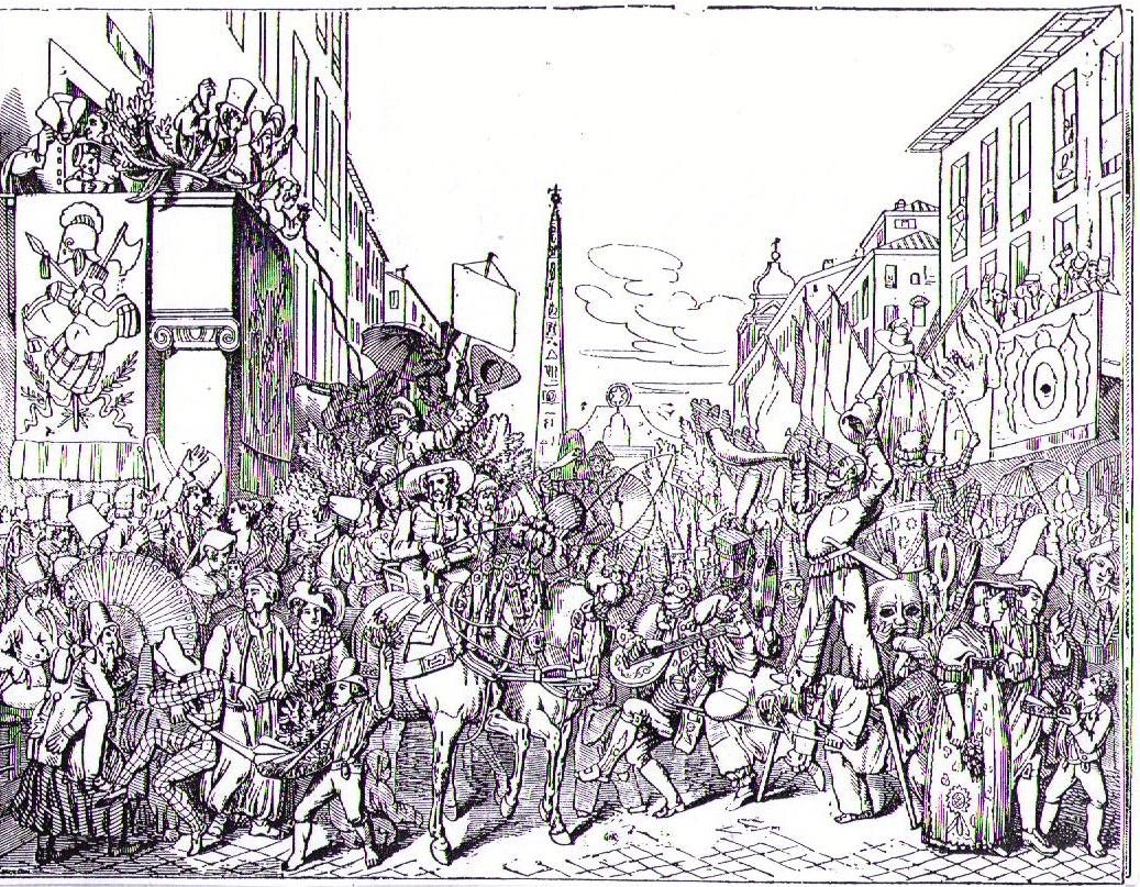 Il Carnevale di Roma a Via del Corso, 1836. La stampa mostra la folla che si accalca per strada con maschere e cavalli, sullo sfondo l’obelisco di piazza del Popolo [Anonimo - Magasin pittoresque, 1836, da Wikipedia “Carnevale di Roma”]. 