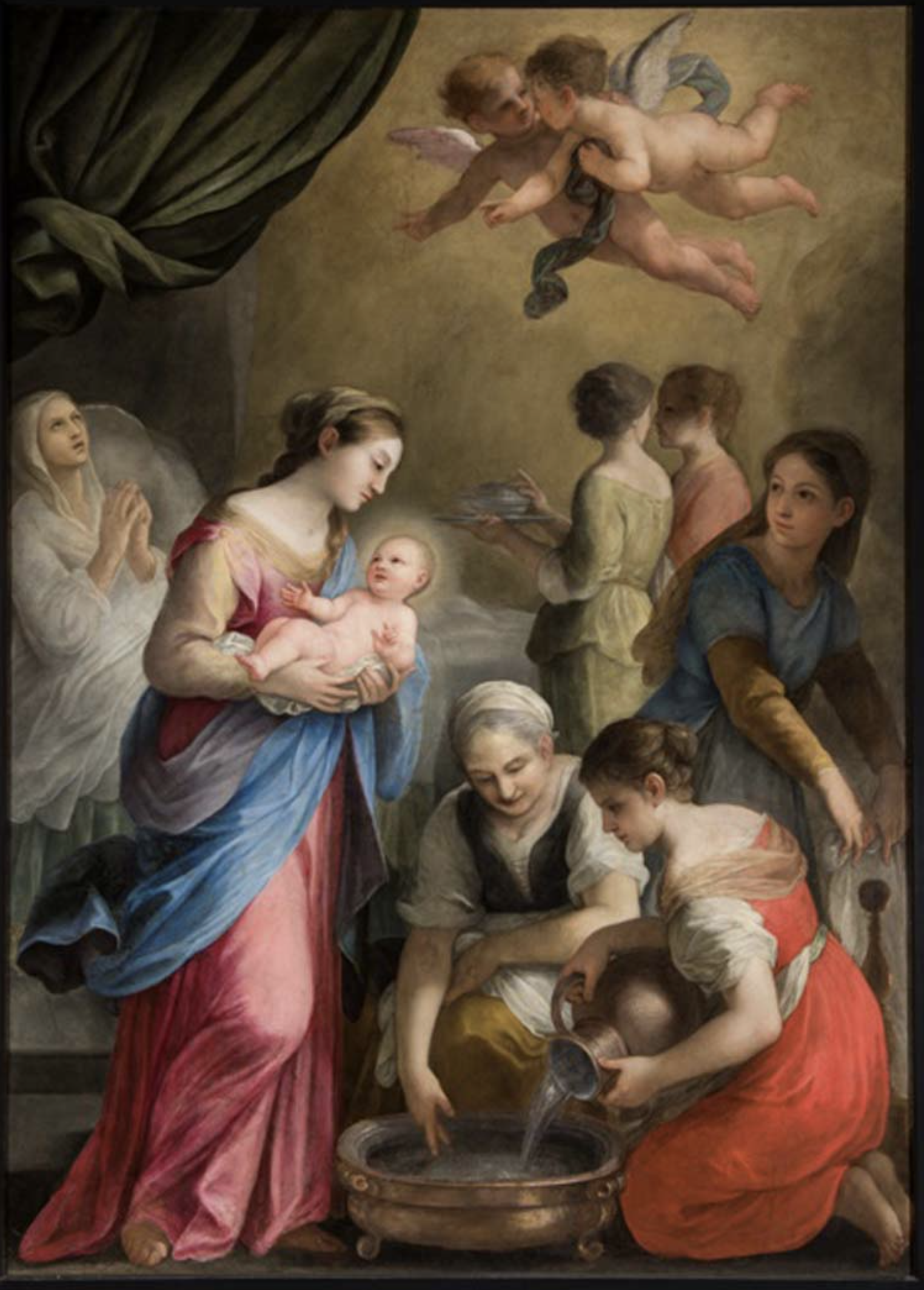 La prima facciata della tela dipinta da Plautilla Bricci evoca l’inizio della vita, attraverso la raffigurazione della nascita di Giovanni Battista
